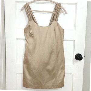 Y2K Tibi New York Gold Pleated Strap Mini Dress Size 4 Minimalist Party Dress